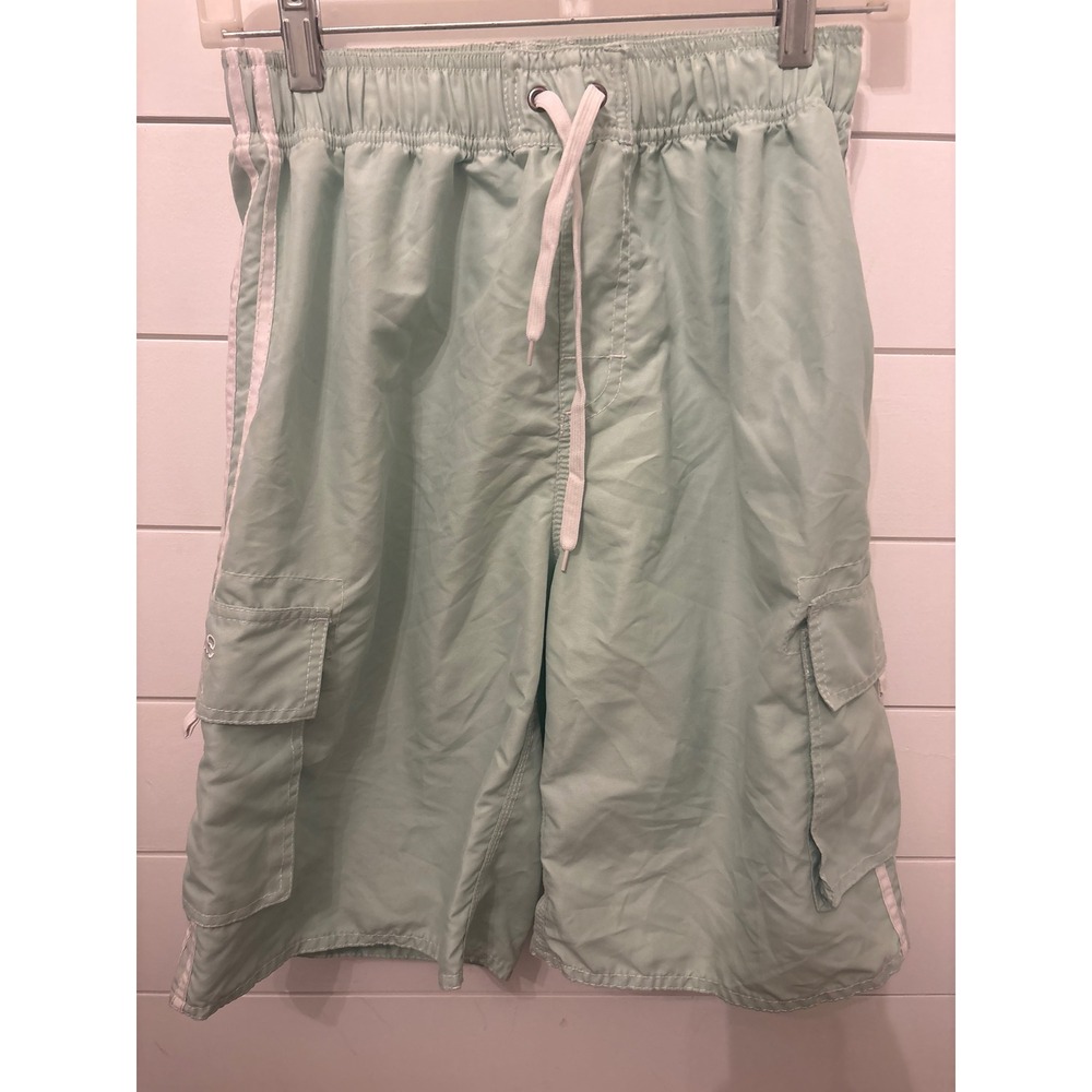 Nonwe Mens Mint Green Cargo Swim Trunks White Side Stripes Mesh Liner Size 32